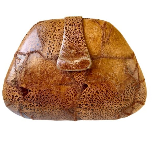 Vintage Handbag Hard Case Shell Brown Patchwork Leather Cross Body Purse flaws - Picture 6 of 13